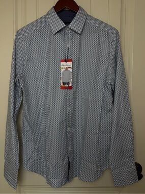Robert Graham Men's Blue White Geometric Button Down Dress Shirt 15X34/35